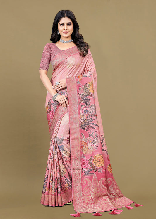 Rose Pink Pure Tussar Silk Saree with Floral Digital Prints, Lustrous Zari Border, Butta, and Flowing Tassels - Spider Silk 5548 Rose Pink Modeling Pose 1