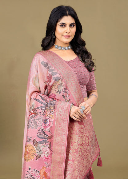 Rose Pink Pure Tussar Silk Saree with Floral Digital Prints, Lustrous Zari Border, Butta, and Flowing Tassels - Spider Silk 5548 Rose Pink Modeling Pose 2