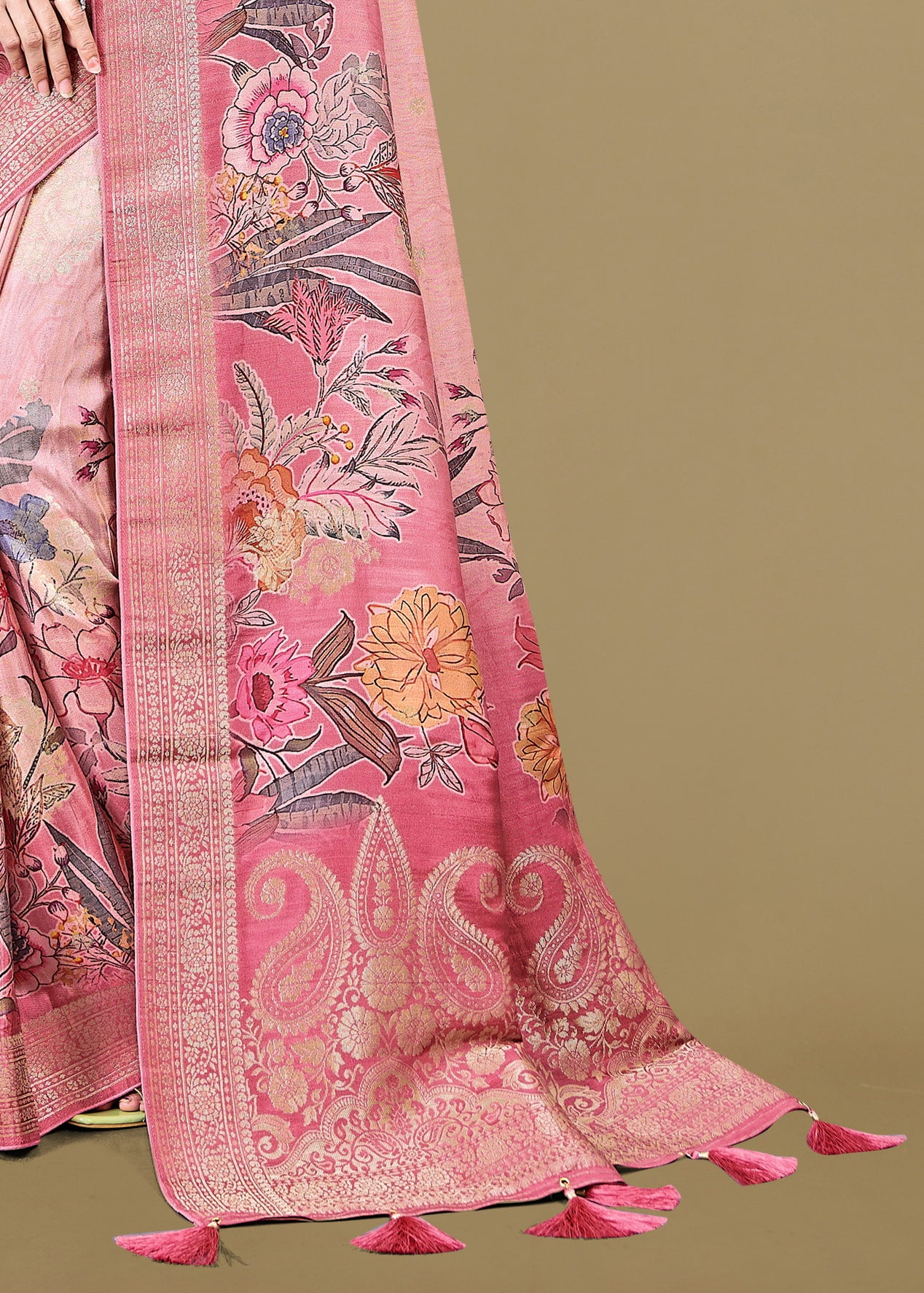 Rose Pink Pure Tussar Silk Saree with Floral Digital Prints, Lustrous Zari Border, Butta, and Flowing Tassels - Spider Silk 5548 Rose Pink Modeling Pose 3