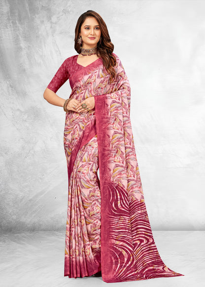 Stylish Pista Green Crepe Saree Showcasing Bold Abstract Prints - Sabarmati Silk 5518-C Rose Pink Image 1