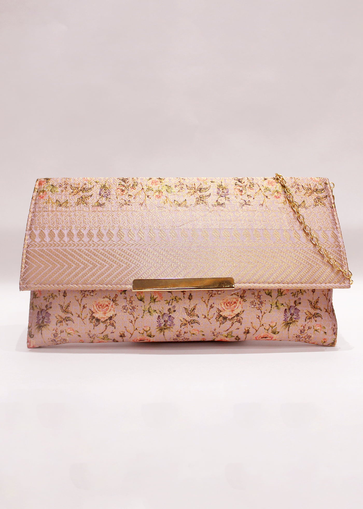 Salmon Pink Floral Printed Zari Woven Art Silk Clutch with golden Sling - Clutch D.No.02 P29 Front View