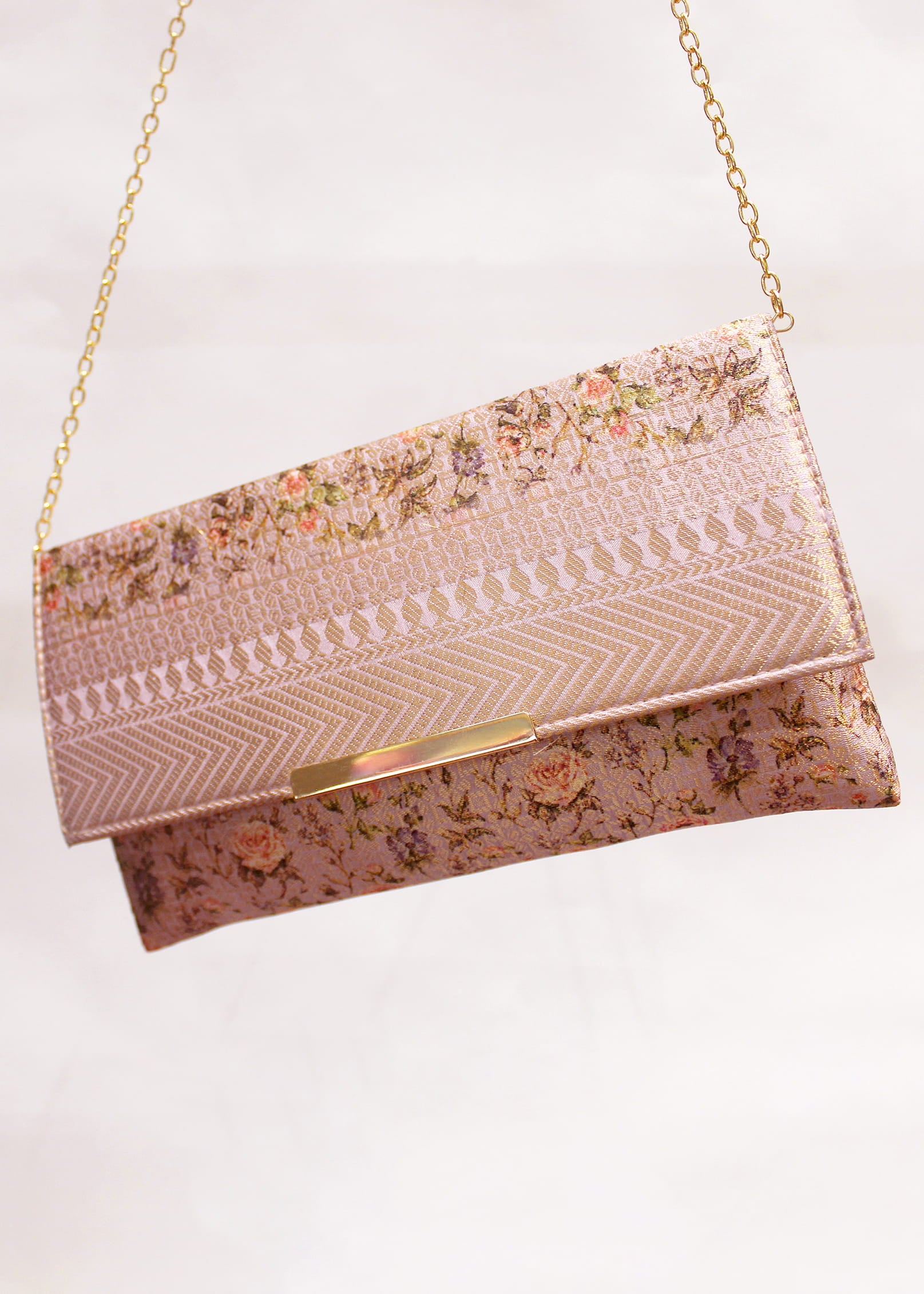 Salmon Pink Floral Printed Zari Woven Art Silk Clutch with golden Sling - Clutch D.No.02 P29 Second View Image