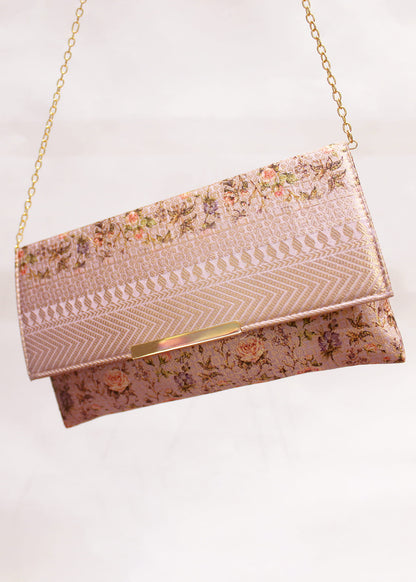 Salmon Pink Floral Printed Zari Woven Art Silk Clutch with golden Sling - Clutch D.No.02 P29 Second View Image