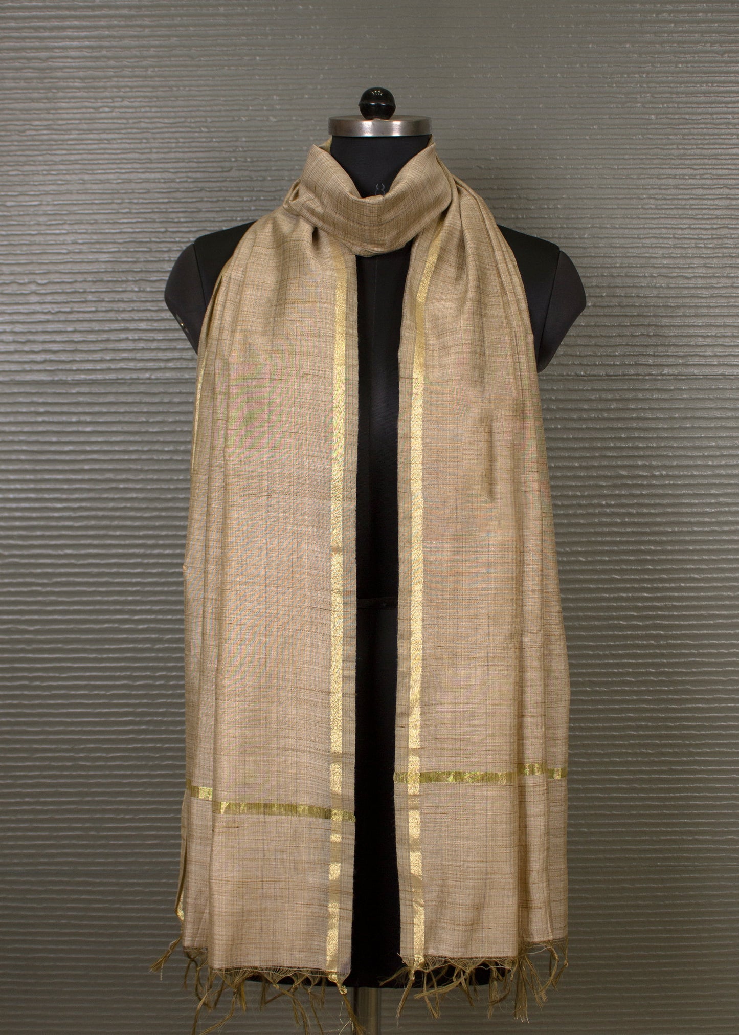 Sand Khadi Dupatta Featuring an Intricately Handwoven Zari Border - Handwoven 8703 Sand Front Image