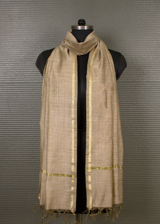 Sand Khadi Dupatta Featuring an Intricately Handwoven Zari Border - Handwoven 8703 Sand Front Image