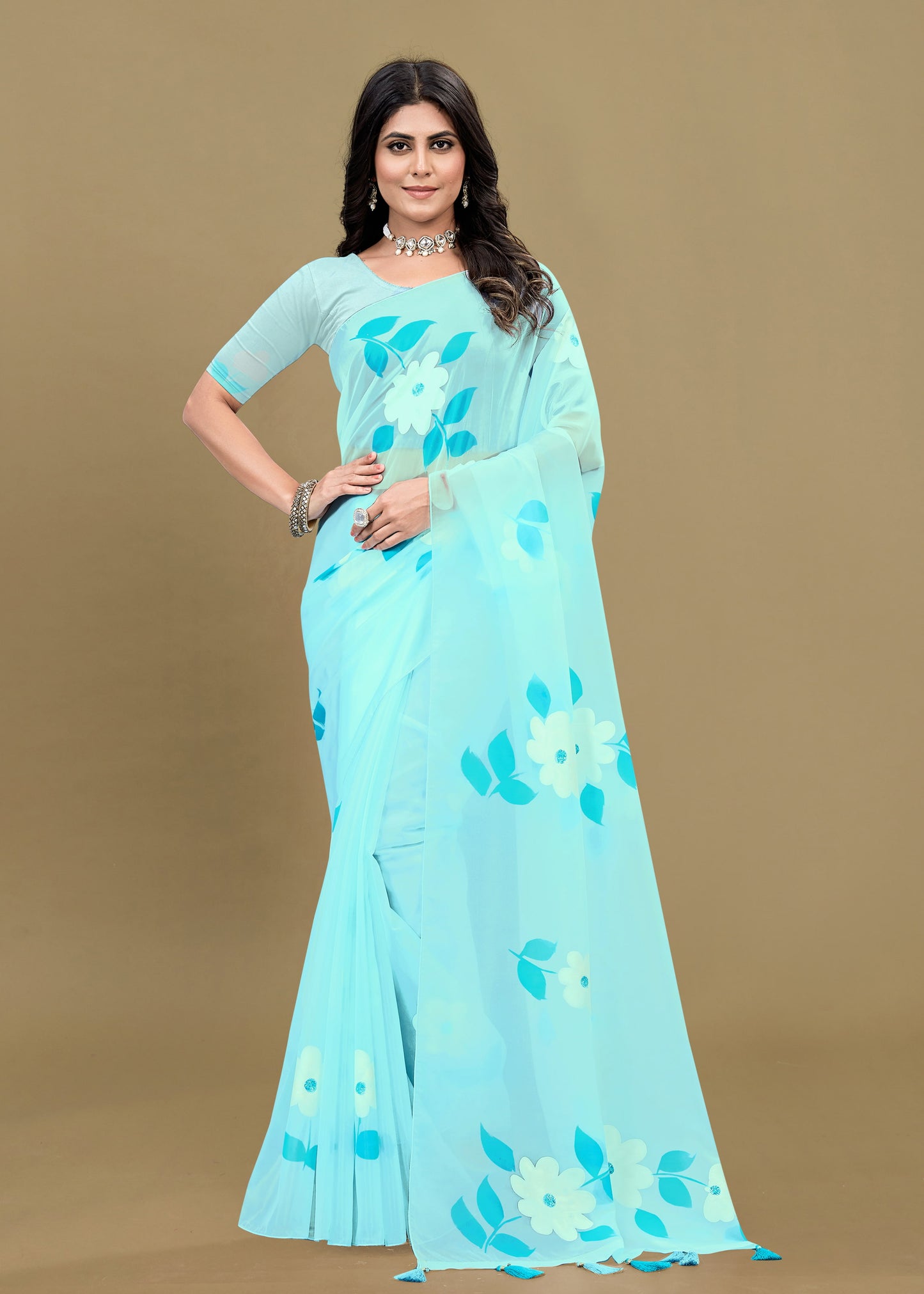 Serene Sky Blue Organza Saree Embellished with Crystal Accents and Delicate Hand-Painted Blossoms - Titli Print 15033 Soft Sky Blue Image 1