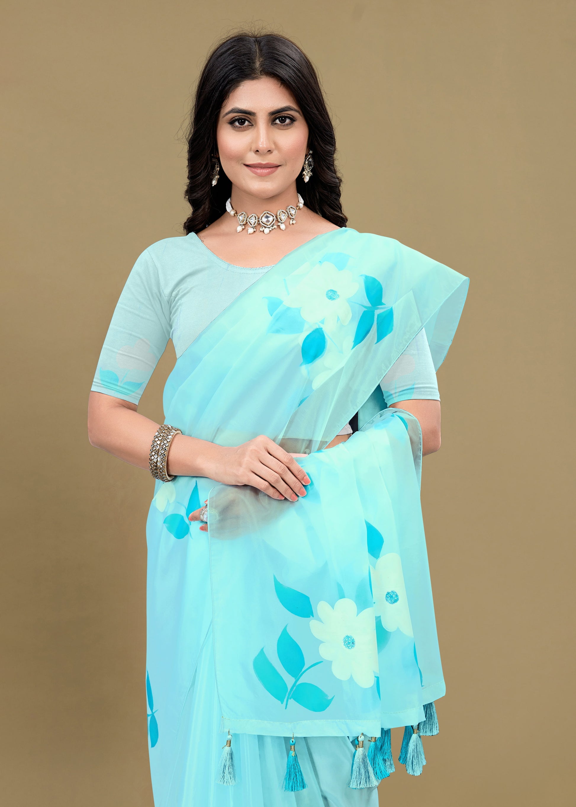 Serene Sky Blue Organza Saree Embellished with Crystal Accents and Delicate Hand-Painted Blossoms - Titli Print 15033 Soft Sky Blue Image 2