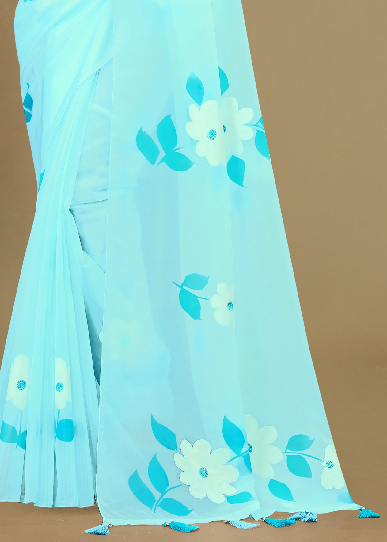 Serene Sky Blue Organza Saree Embellished with Crystal Accents and Delicate Hand-Painted Blossoms - Titli Print 15033 Soft Sky Blue Image 3