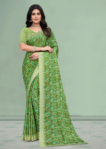 Silk Georgette Green Saree with Geometric Abstract Prints and Intricate Cutwork Embroidery Border - Rupam Prints 91030-B Green Front Image