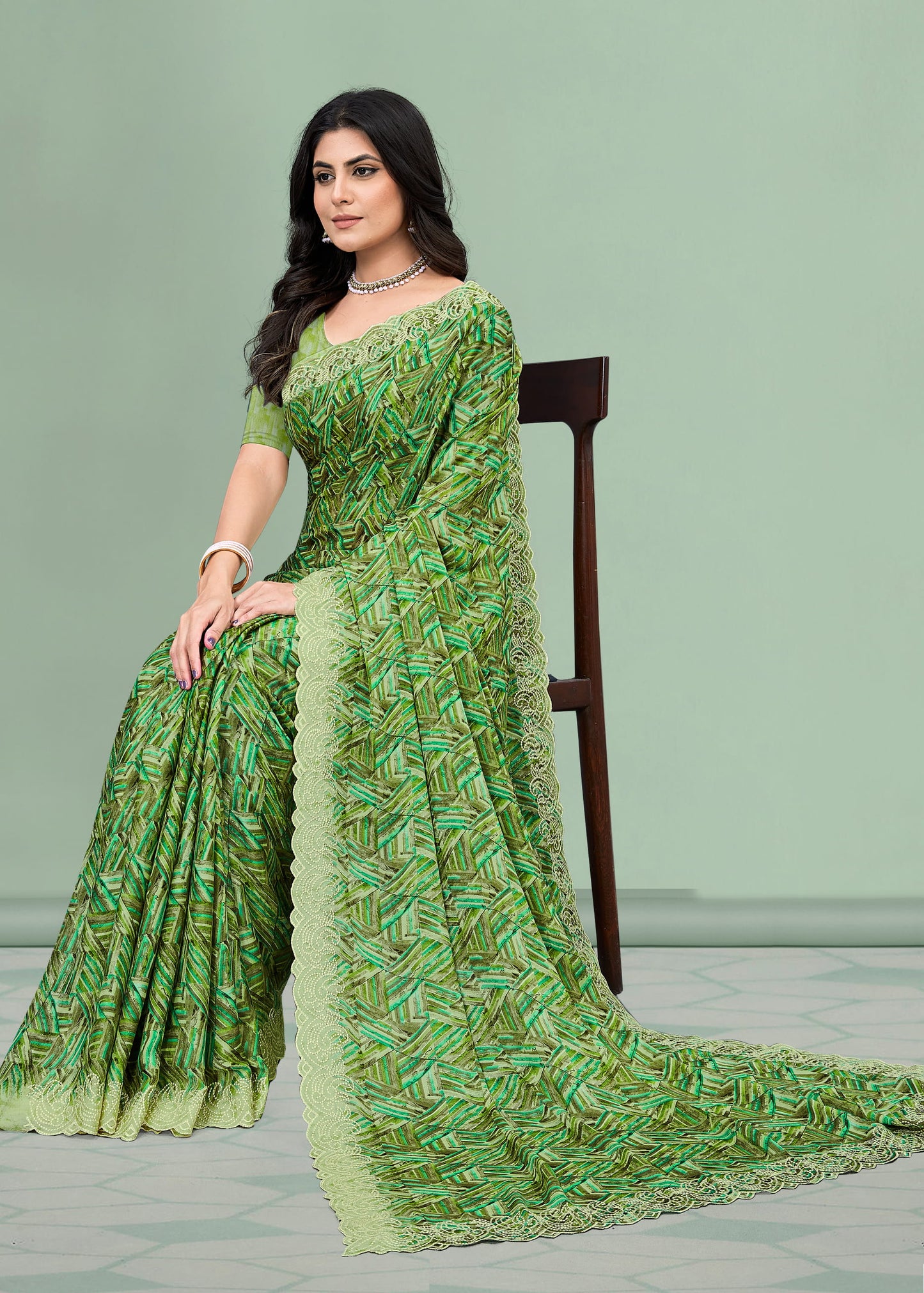 Silk Georgette Green Saree with Geometric Abstract Prints and Intricate Cutwork Embroidery Border - Rupam Prints 91030-B Green Side Image