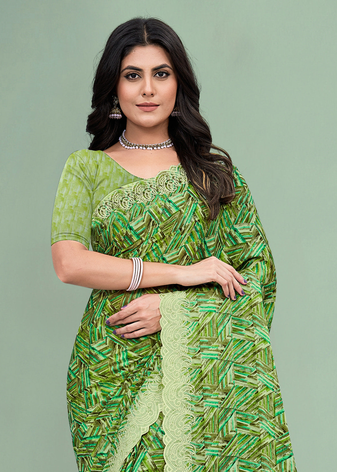 Silk Georgette Green Saree with Geometric Abstract Prints and Intricate Cutwork Embroidery Border - Rupam Prints 91030-B Green Zoom Image