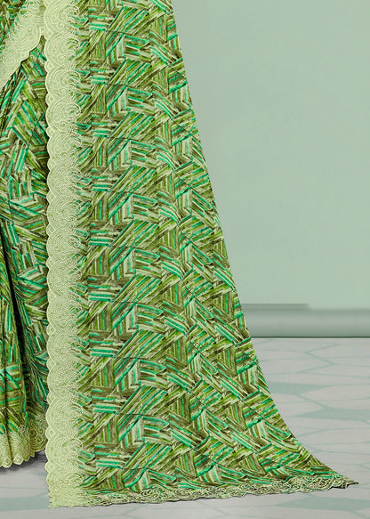 Silk Georgette Green Saree with Geometric Abstract Prints and Intricate Cutwork Embroidery Border - Rupam Prints 91030-B Green Pallu Image