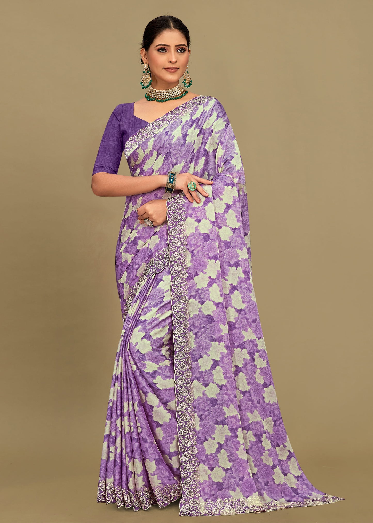 Silk Georgette Saree in Lavender with Abstract Floral Patterns, Embroidered and Cutwork Border - Rupam Prints 91027-D Lavender Side Pose