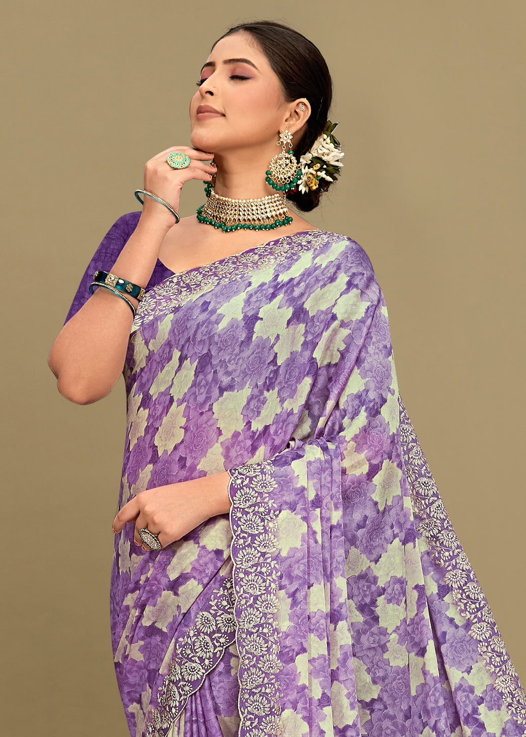 Silk Georgette Saree in Lavender with Abstract Floral Patterns, Embroidered and Cutwork Border - Rupam Prints 91027-D Lavender Zoom Pose