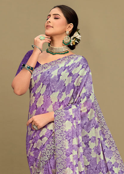 Silk Georgette Saree in Lavender with Abstract Floral Patterns, Embroidered and Cutwork Border - Rupam Prints 91027-D Lavender Zoom Pose