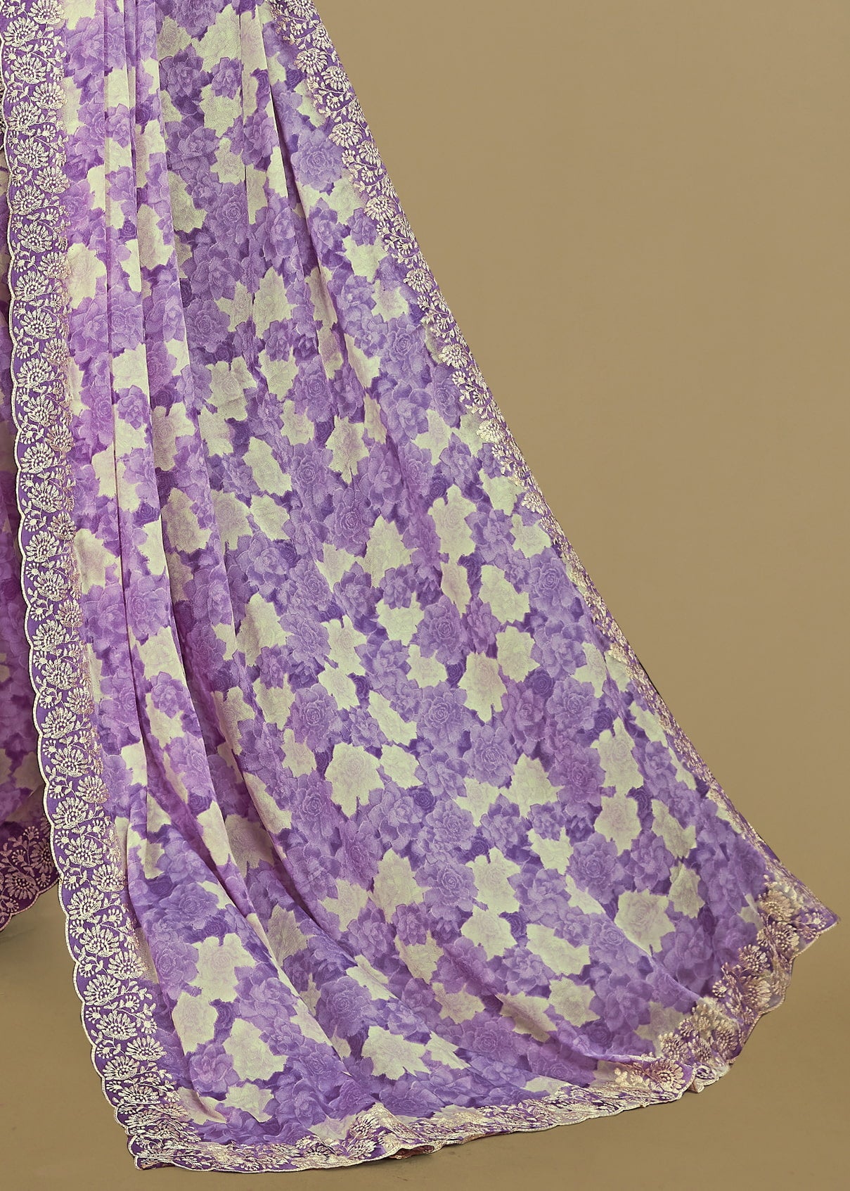 Silk Georgette Saree in Lavender with Abstract Floral Patterns, Embroidered and Cutwork Border - Rupam Prints 91027-D Lavender Detail Pose