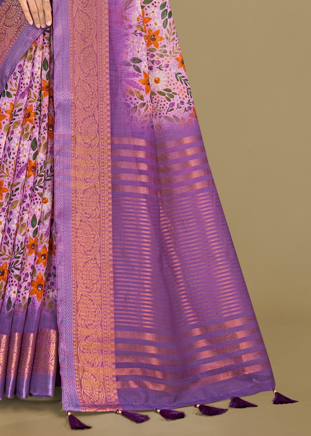 Silk Georgette Saree in Lavender with Floral Design, Zari Border, and Chit Pallu - Sharara Print 3089 Lavender Image 4