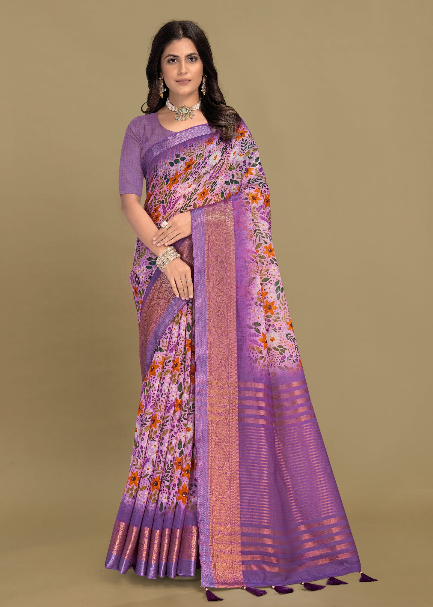 Silk Georgette Saree in Lavender with Floral Design, Zari Border, and Chit Pallu - Sharara Print 3089 Lavender Image 1