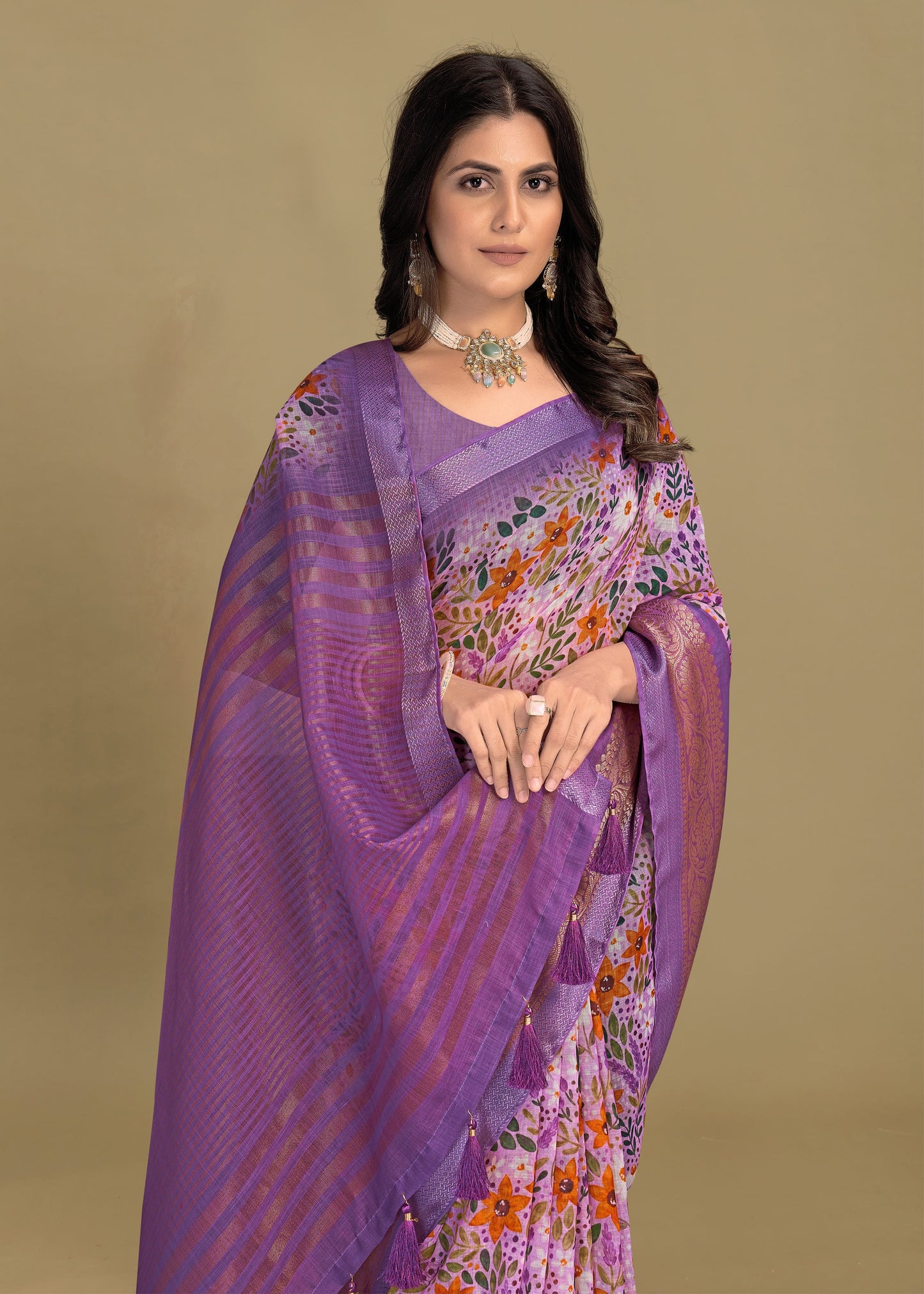 Silk Georgette Saree in Lavender with Floral Design, Zari Border, and Chit Pallu - Sharara Print 3089 Lavender Image 2