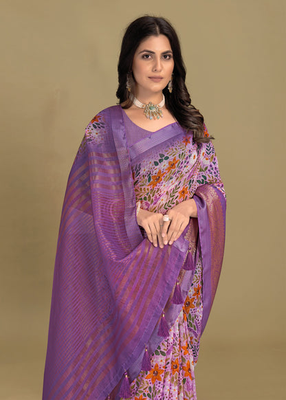 Silk Georgette Saree in Lavender with Floral Design, Zari Border, and Chit Pallu - Sharara Print 3089 Lavender Image 2