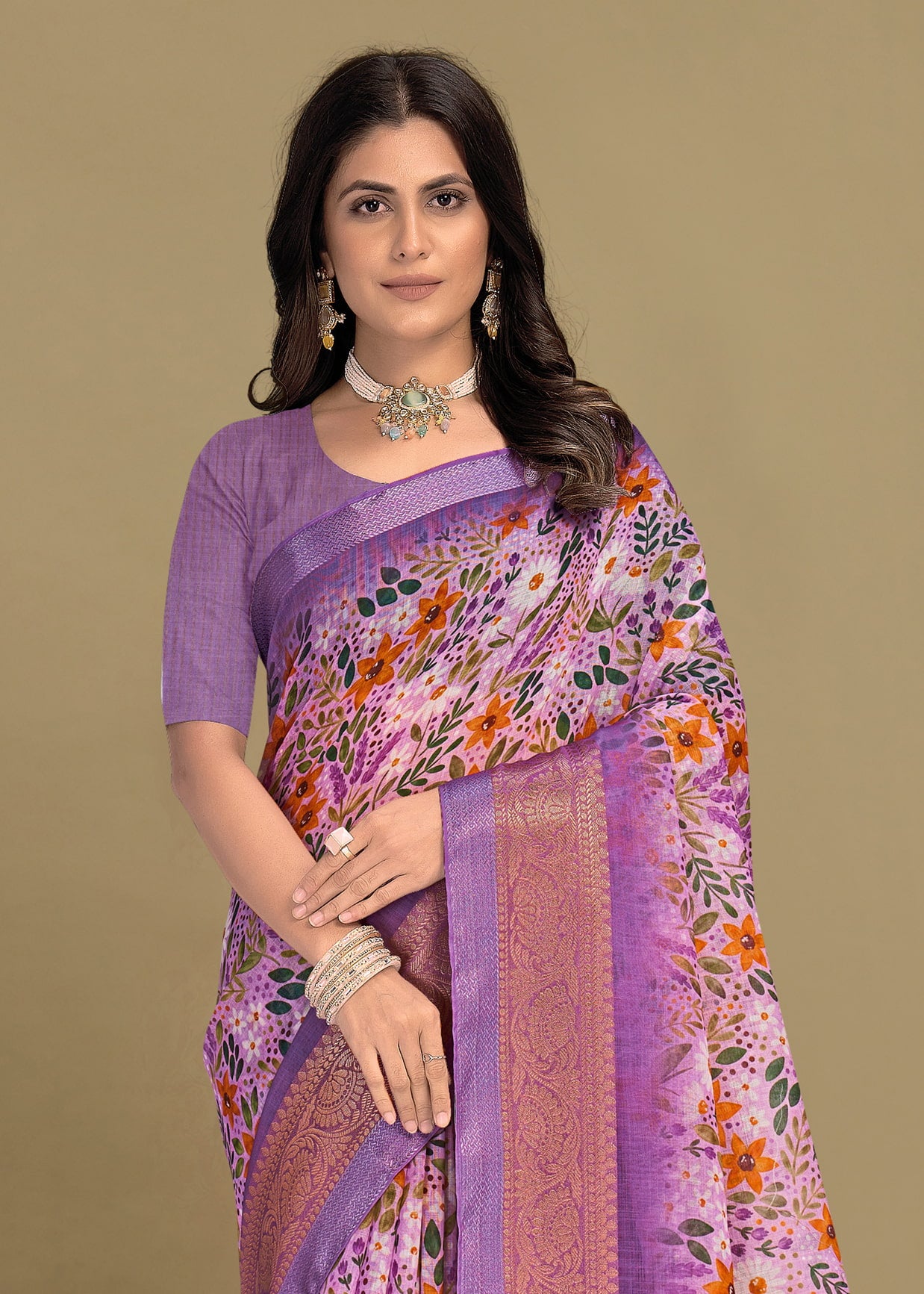 Silk Georgette Saree in Lavender with Floral Design, Zari Border, and Chit Pallu - Sharara Print 3089 Lavender Image 3