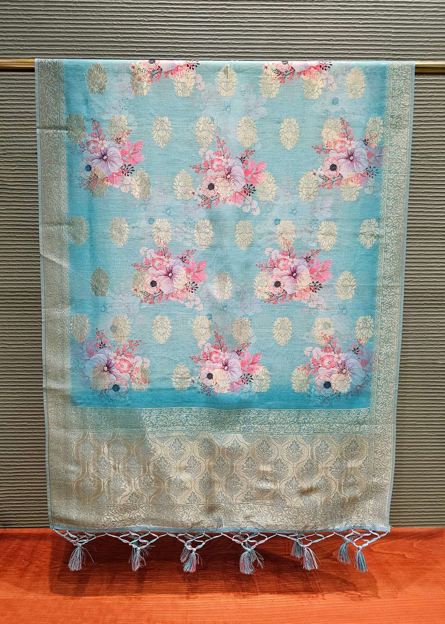 Sky Blue Floral Digital Printed Chanderi Stole With Zari Jaal Work  - Chanderi Stole D. No. 4106 Sky Blue Full View Image