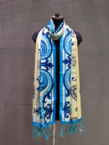 Sky Blue Motif Digital Printed Pashmina Dupatta with Tassels - Pashmina Dupatta D. No. 3103 Sky Blue Front View Image