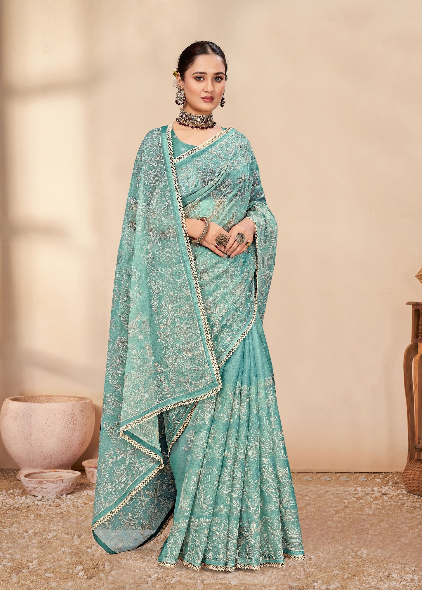 Sky Blue Organza Saree with Crushed Finish, Delicate Embroidery and Crochet Less Border - Jupiter Silk 5153-B Sky Blue Front View