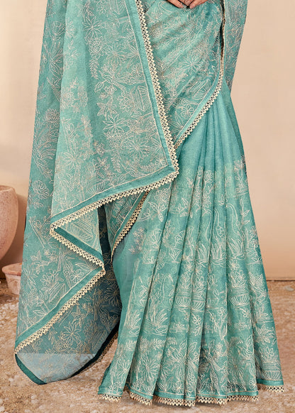 Sky Blue Organza Saree with Crushed Finish, Delicate Embroidery and Crochet Less Border - Jupiter Silk 5153-B Sky Blue Pallu View