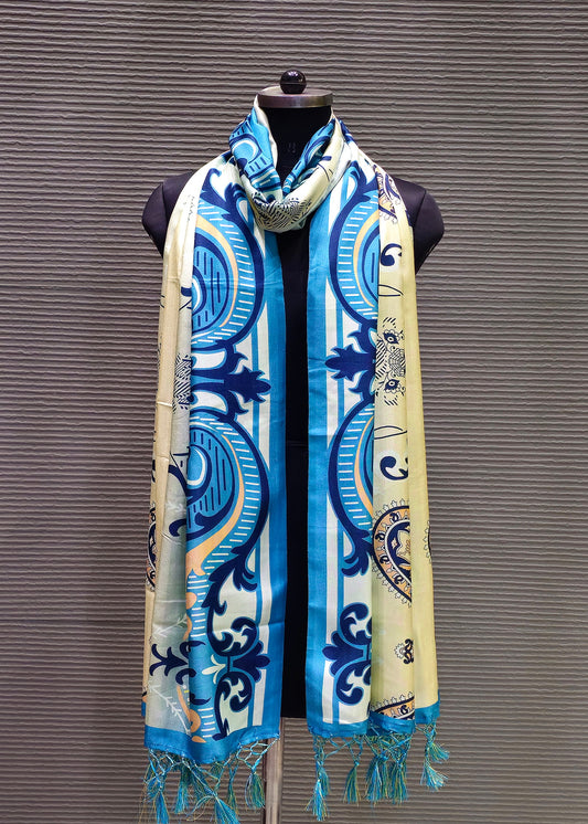 Sky Blue Motif Digital Printed Pashmina Dupatta with Tassels