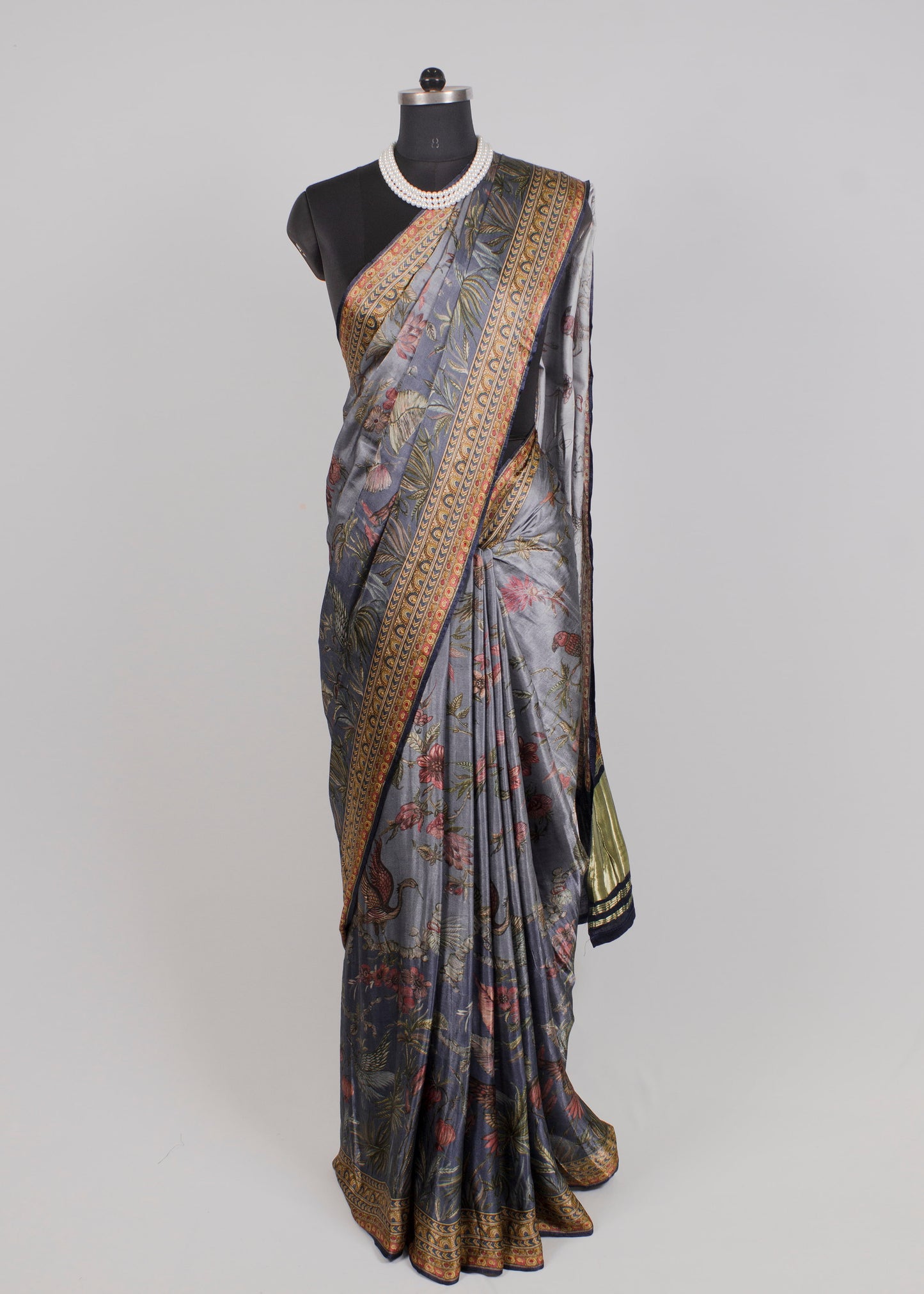 Slate Grey Gaji Silk Saree Showcasing Floral Prints and Classic Lagdi Patta Zari Pallu - Pure Gaji Silk Saree 7006 Slate Grey Modeling 1