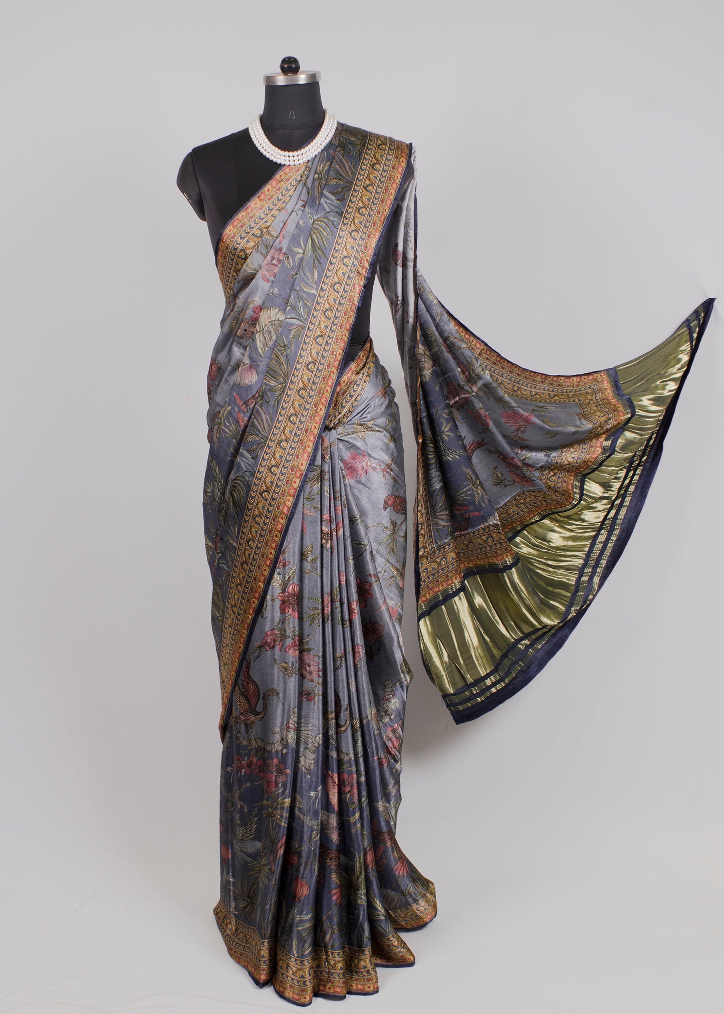 Slate Grey Gaji Silk Saree Showcasing Floral Prints and Classic Lagdi Patta Zari Pallu - Pure Gaji Silk Saree 7006 Slate Grey Modeling 2