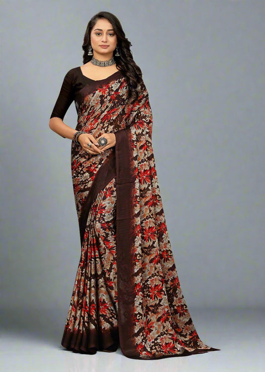 Soft Fill Fabric Saree with Elegant Brown Floral Prints - Tiny Prints 9099-C Brown Front Image