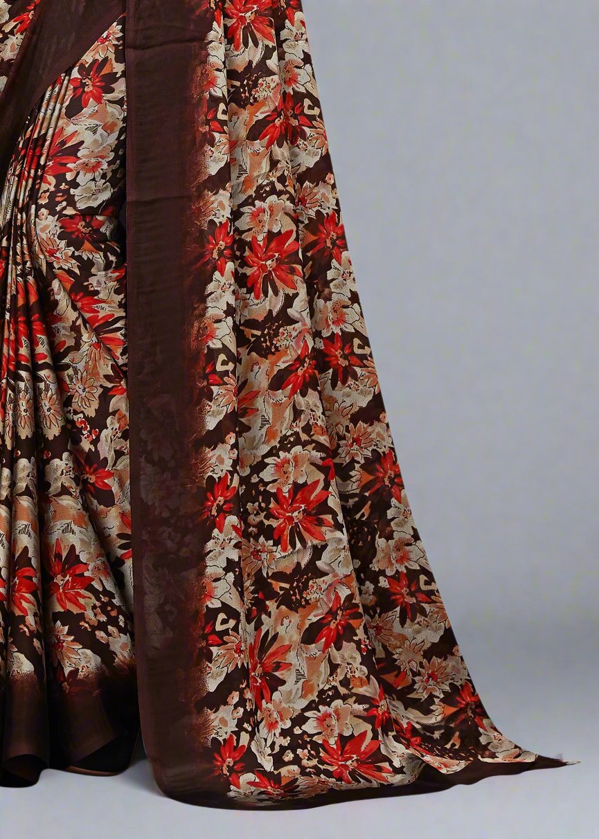 Soft Fill Fabric Saree with Elegant Brown Floral Prints - Tiny Prints 9099-C Brown Third Image