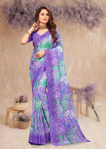 Soft Lavender Georgette Saree Showcasing Contemporary Floral Abstracts - Spicejet Prints 3165-D Lavender First Image