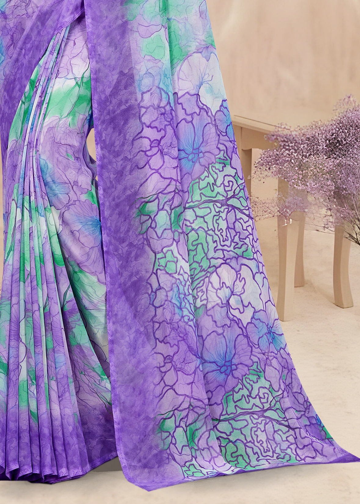 Soft Lavender Georgette Saree Showcasing Contemporary Floral Abstracts - Spicejet Prints 3165-D Lavender Third Image