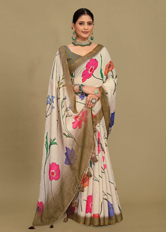 Soft Linen Silk Saree in Beige with Floral Prints, Zari Woven Border, and Tassels - Tapi Prints 51015 Beige Pose 1