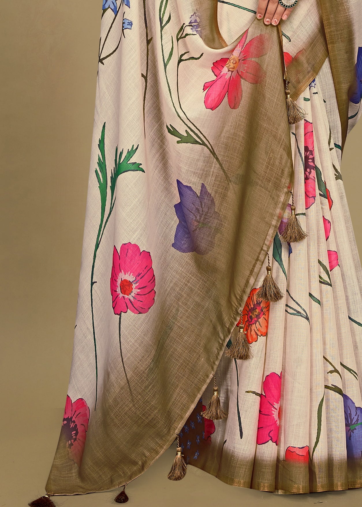 Soft Linen Silk Saree in Beige with Floral Prints, Zari Woven Border, and Tassels - Tapi Prints 51015 Beige Pose 4