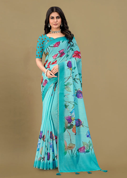 Soft Linen Silk Saree in Sky Blue with Floral Prints and Zari Woven Border - Tapi Prints 51001 Sky Blue Pose 1