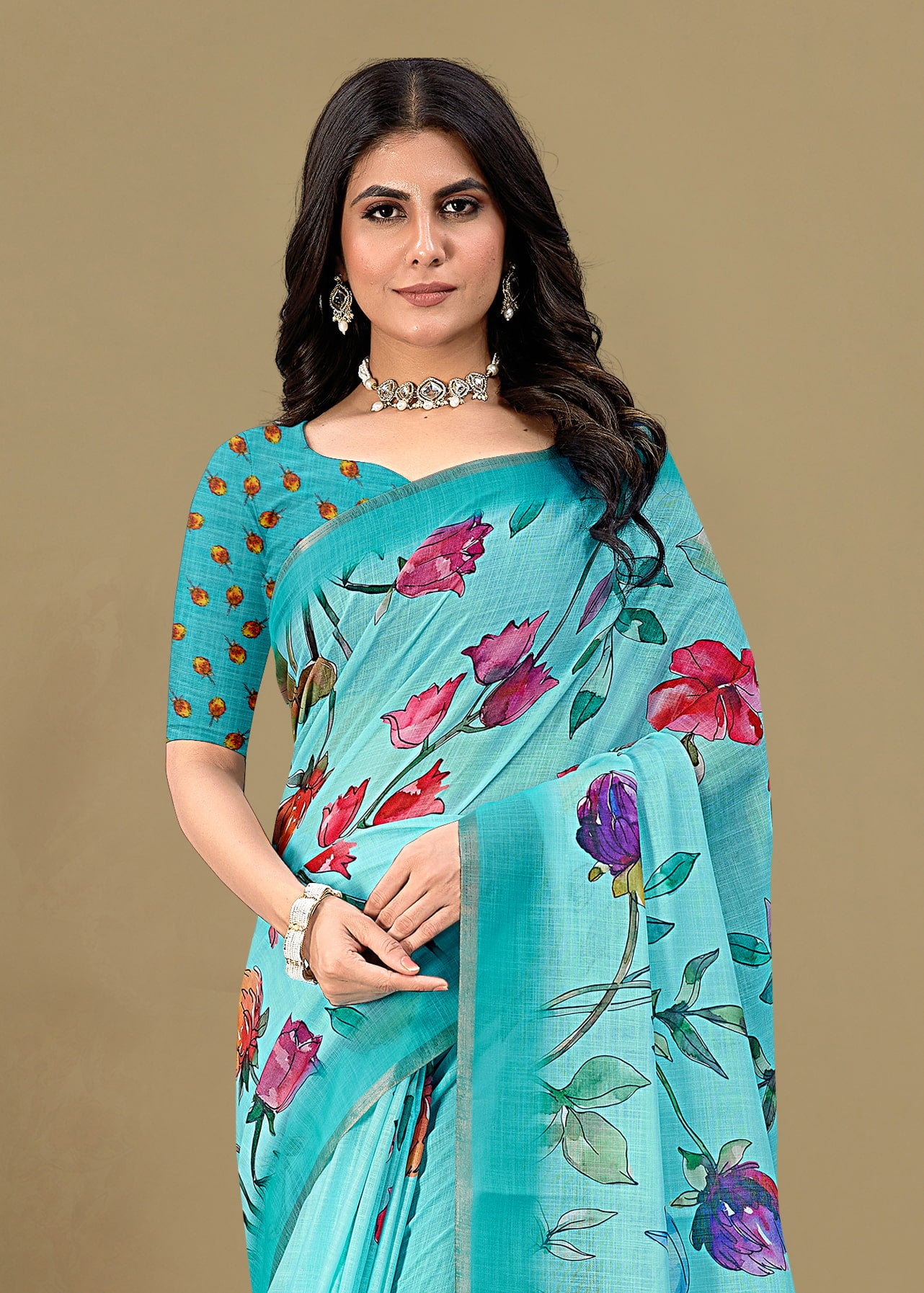 Soft Linen Silk Saree in Sky Blue with Floral Prints and Zari Woven Border - Tapi Prints 51001 Sky Blue Pose 3