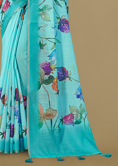 Soft Linen Silk Saree in Sky Blue with Floral Prints and Zari Woven Border - Tapi Prints 51001 Sky Blue Pose 4