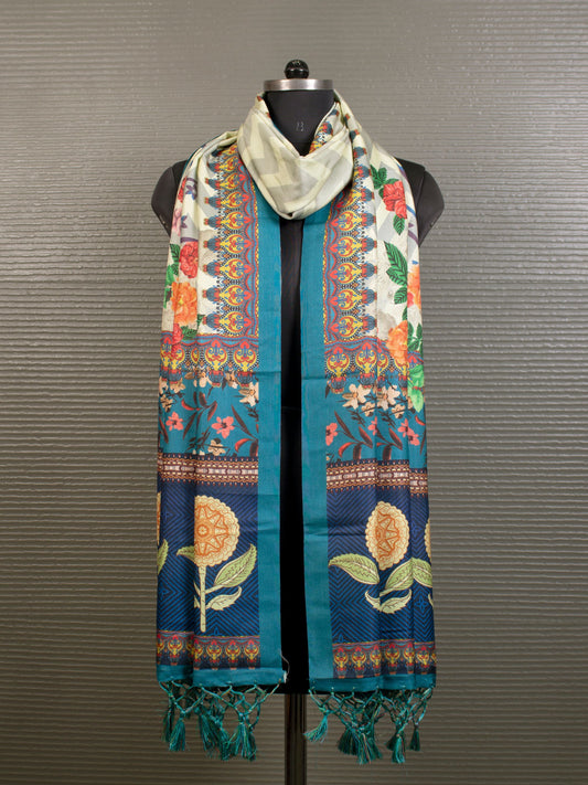 Soft Pashmina Dupatta with Vibrant Multicolor Floral Prints and Tassel Accents - Pashmina Dupatta 3112 Multicolor Front View
