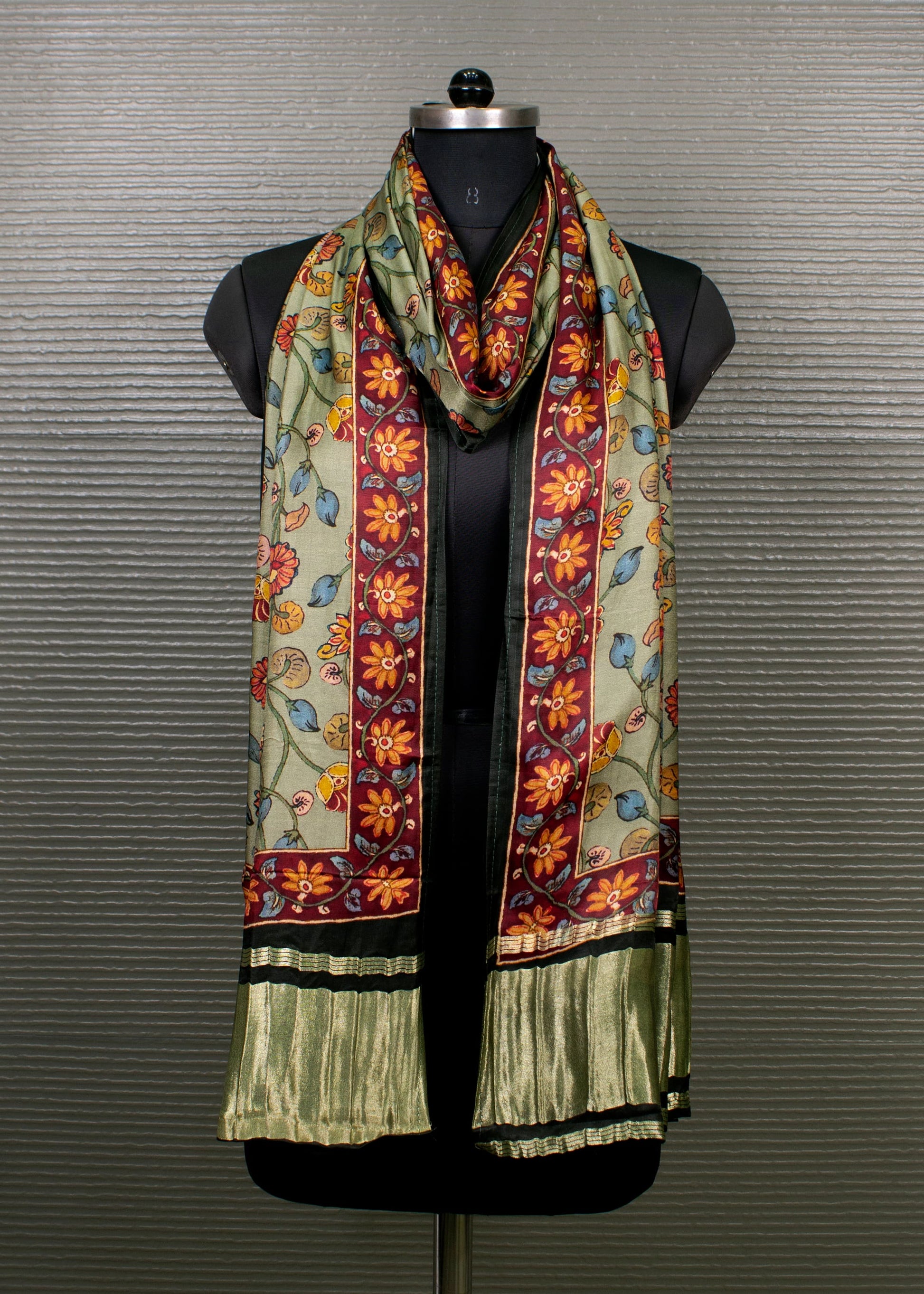 Soft Pista Green Pure Gaji Silk Dupatta Featuring Floral Prints and Zari Border - Pure Gaji Silk Dupatta 1110 Pista Front View