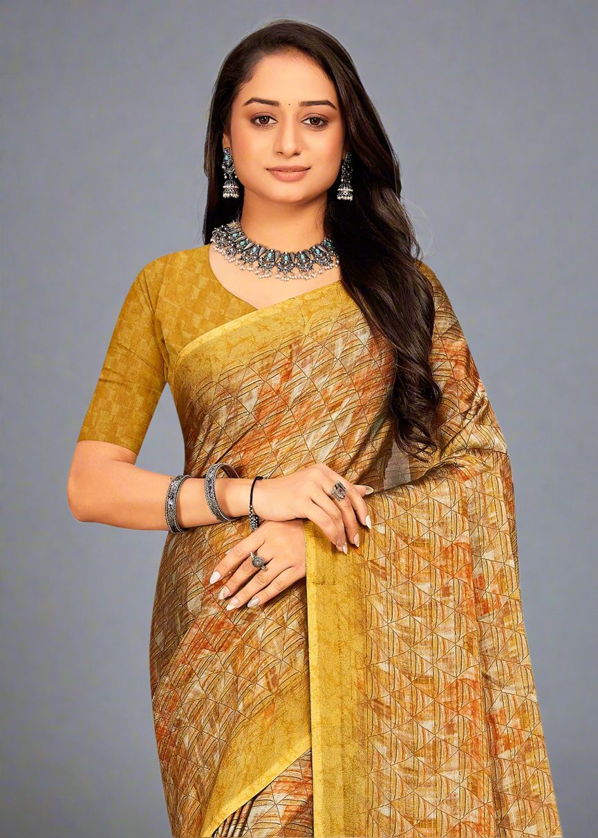 Stylish Gold Georgette Saree Featuring Modern Abstract Art - Tiny Prints 9120-B Gold Image 2