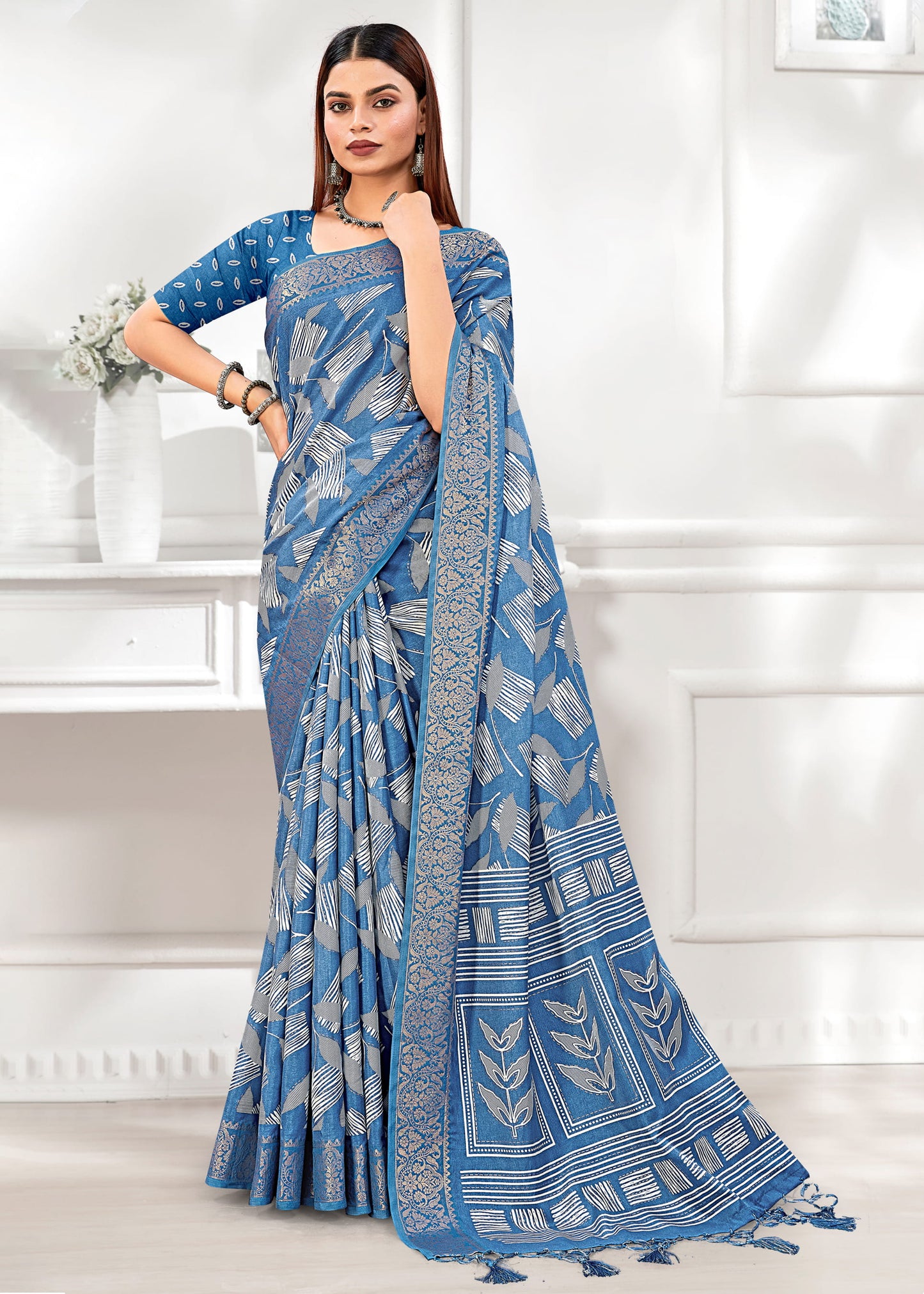 Stylish Light Blue Leaf Printed Cotton Saree Featuring Foil Work and a Zari Border - Madras Silk 22047-B Light Blue first Image