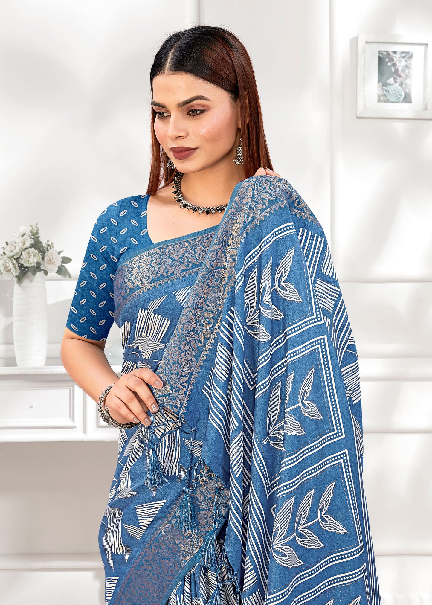 Stylish Light Blue Leaf Printed Cotton Saree Featuring Foil Work and a Zari Border - Madras Silk 22047-B Light Blue Second Image