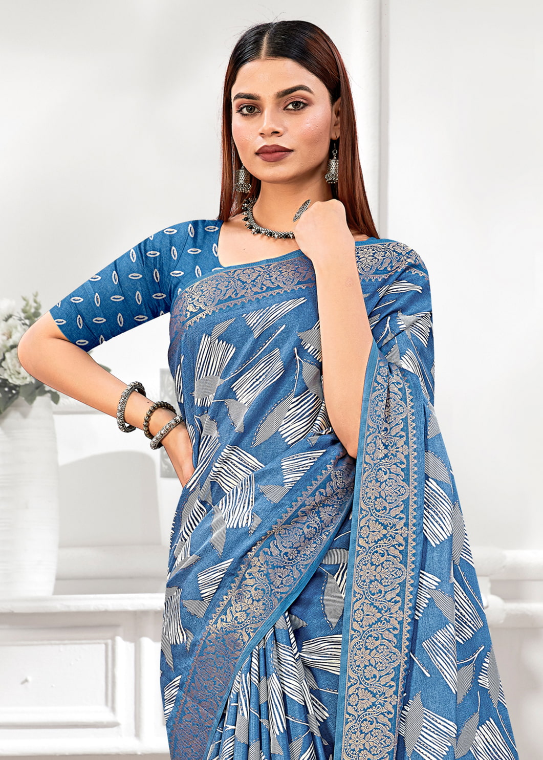 Stylish Light Blue Leaf Printed Cotton Saree Featuring Foil Work and a Zari Border - Madras Silk 22047-B Light Blue Third Image