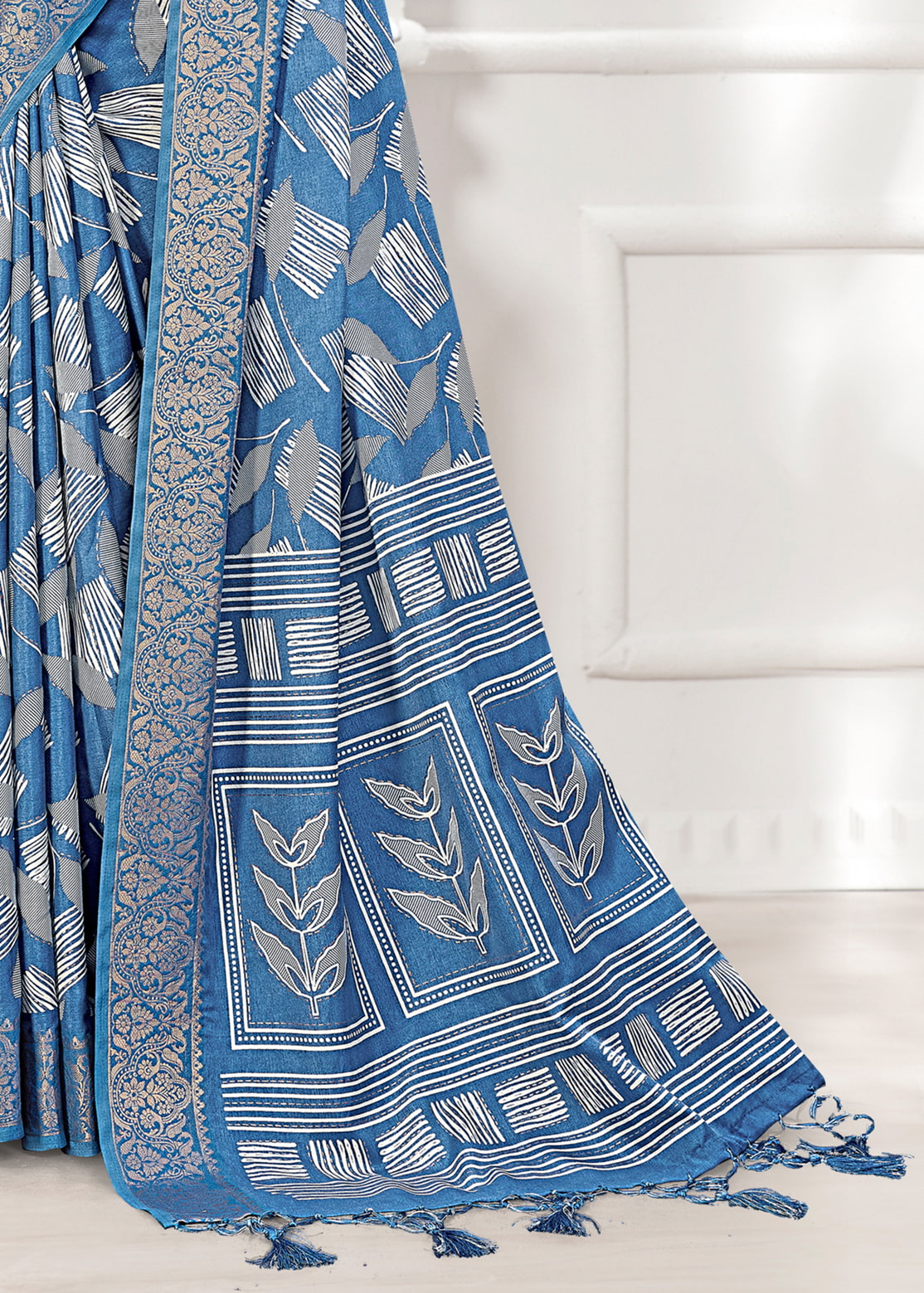 Stylish Light Blue Leaf Printed Cotton Saree Featuring Foil Work and a Zari Border - Madras Silk 22047-B Light Blue Fourth Image