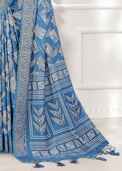 Stylish Light Blue Leaf Printed Cotton Saree Featuring Foil Work and a Zari Border - Madras Silk 22047-B Light Blue Fourth Image