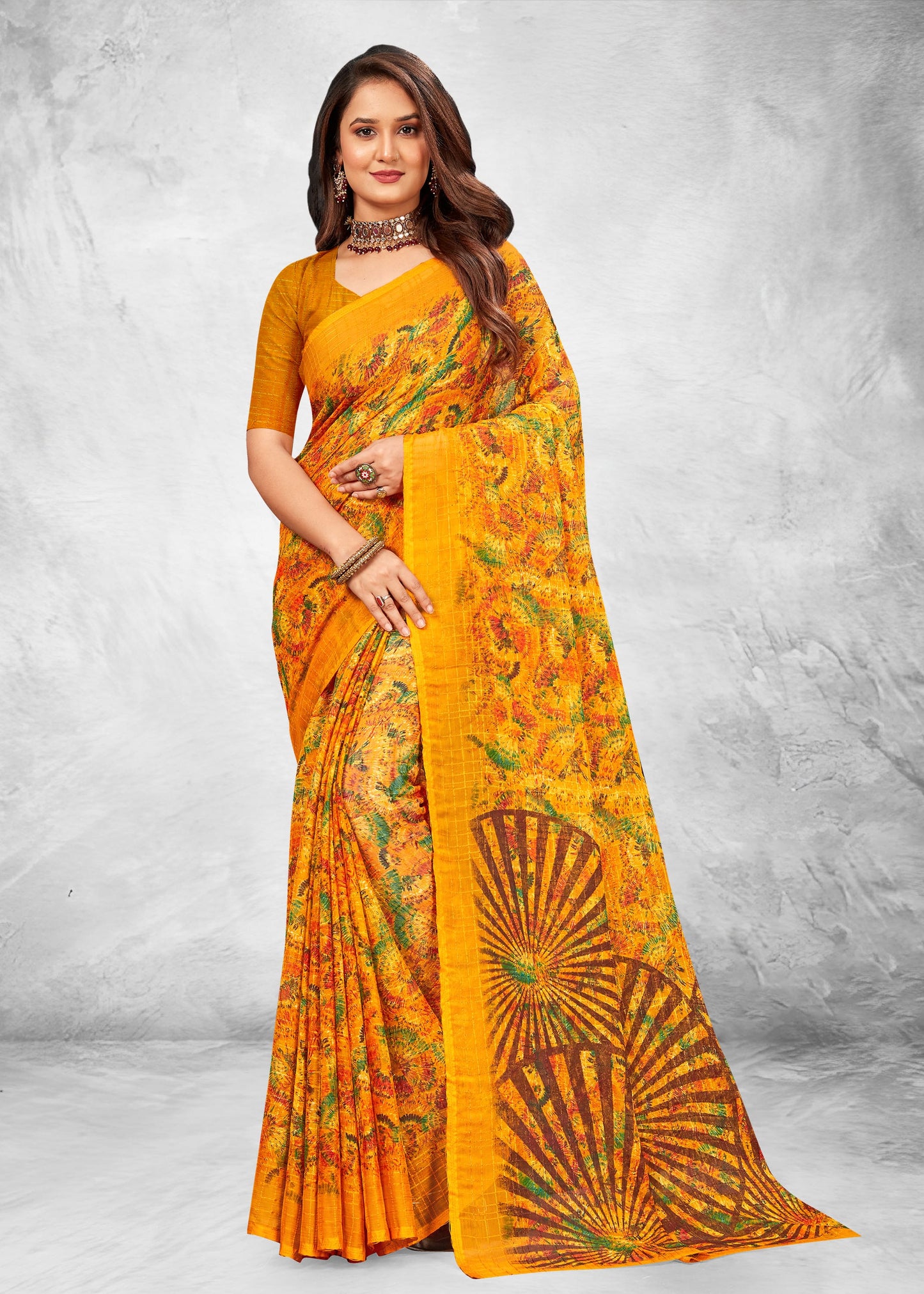 Stylish Orange Abstract Printed Chiffon Saree with Subtle Check Detailing - Paris Prints 3182-D Orange Modeling 1